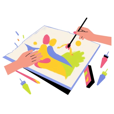 An artist's hands, with splashes of blue, yellow, red, and green paint, are actively engaged in creating a colorful abstract canvas. The hands are in motion, blending vibrant hues on the canvas's surface. The canvas features dynamic shapes and bold colors, reflecting the artist's creativity. Paint tubes and brushes are scattered around, showcasing the tools of the artistic process. The background has hints of a well-lit studio, emphasizing the focus on the artist's hands and the artwork.