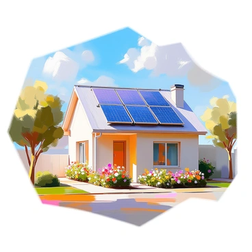 A house with a modern architectural design featuring solar water heaters mounted on its roof. The house is surrounded by a well-kept garden with colorful flowers and manicured grass. The sky is clear blue with a bright sun shining down, casting distinct shadows on the side of the house. A few trees are visible in the background, adding to the serene atmosphere of the scene. The solar water heaters are prominently displayed, reflecting sunlight, and creating a focal point on the roof.