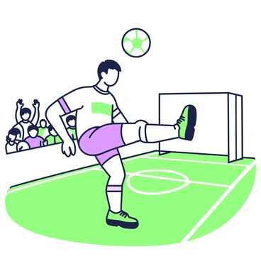 A soccer player is in mid-air executing a bicycle kick during a match. The player has short hair and is wearing a team jersey with shorts and cleats. His body is angled backward as he makes contact with the ball, which is positioned just above his head. The background features a green field with white lines marking the boundaries. Spectators are visible in the stands, some raising their hands in excitement. The player’s facial expression shows concentration and determination as he aims for the goal.