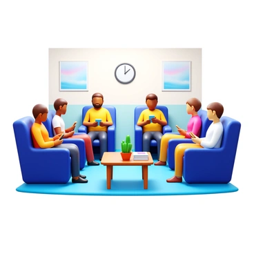 A waiting room with soft lighting and comfortable chairs. Several people, of different ages and backgrounds, sit quietly, all focused on their smartphones. Some individuals are leaning slightly forward, while others are reclined in their seats. A small coffee table in the center holds a few magazines and a potted plant. The walls are decorated with soothing artwork, and a clock is visible, indicating the passage of time. There is an overall atmosphere of silence, with no one engaging in conversation.