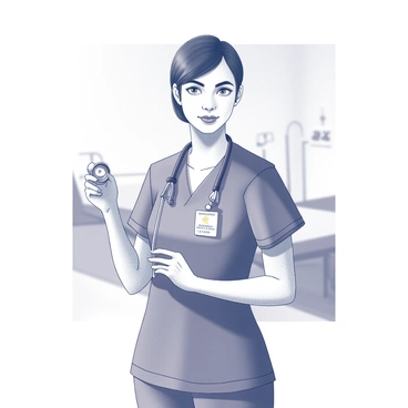 A nurse is standing upright, holding a stethoscope in her hands. She has a determined expression on her face, indicating her focus and professionalism. The stethoscope is placed against her chest, while she prepares to check a patient's heartbeat. She is wearing scrubs, which are neatly fitted, with a name tag displayed on her uniform. In the background, a hospital room can be faintly seen, with medical equipment and a bed prepared for the patient.