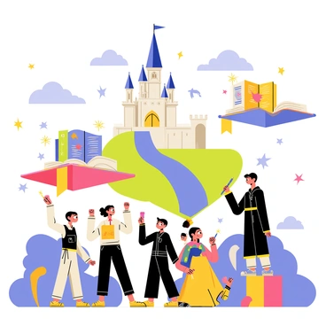 A group of young wizards is gathered in an open-air classroom, surrounded by vibrant clouds. Each young wizard holds a wand, with expressions of concentration as they practice their magic spells. The floating classrooms are colorful, shaped like giant books, suspended in the sky. Some classrooms are adorned with illustrations of magical creatures. In the background, a majestic castle rises, with swirling banners and a shimmering moat. The scene is lively, filled with bursts of magical sparkles and light as spells are cast.