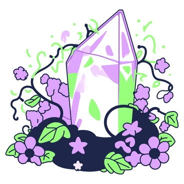 A large glowing crystal is positioned centrally, radiating light. It is encircled by thick, dark vines that weave intricately around the base of the crystal. Scattered throughout the scene are various flowers, with dark petals that contrast against the glow of the crystal. The background features additional vines creeping up towards the top, creating a sense of depth. The ambiance of the setting conveys an enchanted atmosphere, emphasizing the luminous properties of the crystal amidst the surrounding darkness.