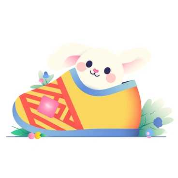 A small, cute rabbit with soft white fur and long ears is nestled inside a traditional Moroccan babouche slipper. The slipper is made of vibrant yellow leather, featuring intricate geometric patterns in shades of red and blue. The rabbit's eyes are bright and curious, peeking out from the cozy interior of the slipper. The background is softly blurred, drawing attention to the rabbit and the beautifully crafted babouche. A few green leaves and colorful flowers are scattered around, adding a touch of nature to the scene.