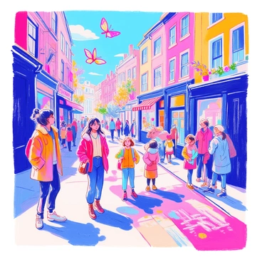 A street scene is bustling with activity, where several passersby are wearing special glasses. Through these glasses, they are able to see vibrant augmented reality art pieces that are not visible to the naked eye. The street is lined with modern buildings and quaint shops. In the foreground, a young woman admires a floating, colorful butterfly that glimmers in the air. Nearby, a group of children laugh as they interact with a large animated dragon projected on the sidewalk. The background features people stopping to look at the art, captivated by the immersive experience created by the glasses.