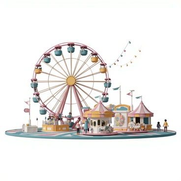 A vintage fairground featuring a large, colorful Ferris wheel with multiple passenger cabins, each painted in bright hues. Surrounding the Ferris wheel are several animated attractions, including a carousel with intricately crafted wooden horses that appear to be galloping. There are small game stalls with bright signs, and children can be seen playing and enjoying the various attractions. The scene is filled with the cheerful atmosphere of a fair, with string lights hanging above and the ground covered in colorful patterned carpets.