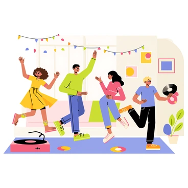A group of friends dancing joyfully in a living room to a record player