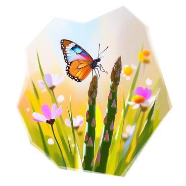 A vibrant butterfly with a multicolored pattern of blue, orange, and yellow wings is delicately perched on a green asparagus spear. The asparagus is tall and slender, standing upright amidst a lush green field filled with tall grass. The sunlight is casting a warm glow, highlighting the intricate details of the butterfly's wings and the texture of the asparagus. In the background, a soft blur of wildflowers adds a touch of color to the landscape, creating a lively setting for the scene.