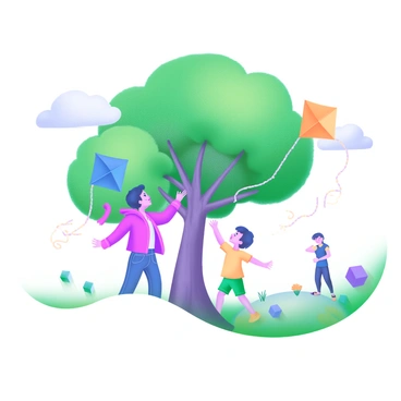 A scene depicting two children standing near a large tree with their kites tangled in the branches. One child, wearing a bright red jacket and blue jeans, is reaching up towards the kites with an outstretched arm, while the other child, dressed in a yellow shirt and green shorts, looks on with a puzzled expression. The tree is lush with green leaves, and the kites are colorful, one in blue and the other in orange. The sky is filled with fluffy white clouds, and there are hints of movement in the branches from the windy day. In the background, other parkgoers are enjoying the sunny weather, and there are patches of grass and flowers scattered around.