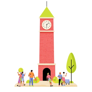 A town's iconic clock tower with people walking around its base
