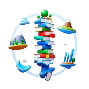 A central axis with a vertical arrangement of floating books. Each book features a unique cover design that represents different worlds. Surrounding the axis, various floating scenes with landscapes such as forests, oceans, mountains, and futuristic cities rotate around the books. The scenes are vibrant, showcasing distinct elements like trees, waves, and skyscrapers, creating a dynamic visual of worlds in motion.