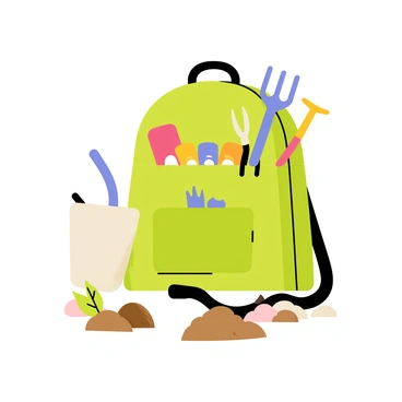 A green rucksack with multiple pockets is placed on the ground. The rucksack is filled with small gardening tools such as a trowel, pruning shears, and a hand rake. Colorful packets of seeds in various shapes are visible among the tools. The scene includes a small watering can beside the rucksack, and a few freshly turned soil patches are scattered around, indicating recent gardening activity.