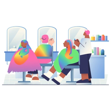 A salon interior is filled with people sitting in salon chairs, each getting their hair dyed in bright rainbow shades. In the foreground, a woman with long, flowing hair is having her hair transformed into vibrant shades of blue, pink, and green. To her right, a man is getting a bold mix of orange and purple highlights. A stylist with short, pink hair is carefully applying dye to a client's hair with a brush. On the walls, there are mirrors reflecting the lively atmosphere, and colorful hair dye containers are neatly arranged on a shelf nearby. The floor is tiled with light-colored squares, and there are soft, warm lights illuminating the space.