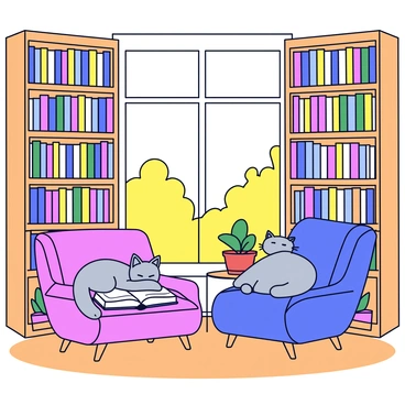A cozy library filled with tall wooden bookshelves stacked with colorful books. A fluffy gray cat is lounging comfortably on a pile of open books, its eyes half-closed in relaxation. Sunlight streams in through a large window, casting warm light across the wooden floor. A plush armchair sits nearby, inviting readers to settle in with a good book. A small potted plant rests on a side table, adding a touch of greenery to the scene.