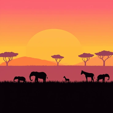 A vast savanna landscape at sunset, featuring a gradient sky transitioning from orange to purple. Silhouetted acacia trees dot the horizon, their distinct shapes outlined against the colorful sky. Various animals, including a group of elephants and a giraffe, are visible as dark shapes in the foreground, adding life to the scene. The grassland stretches out, with some tufts of grass catching the last rays of sunlight. The overall composition emphasizes the beauty of the savanna at dusk.