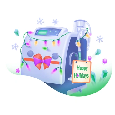 A hemodialysis machine set in a clinical environment, adorned with festive decorations. The machine features a bright red bow tied around its main body. Colorful Christmas lights are draped along the edges, twinkling gently. Surrounding the machine are small holiday ornaments, including snowflakes and stars, adding a cheerful touch. A small sign attached to the machine displays the words "Happy Holidays" in colorful lettering. The background includes a few snowflakes gently falling, enhancing the festive atmosphere.