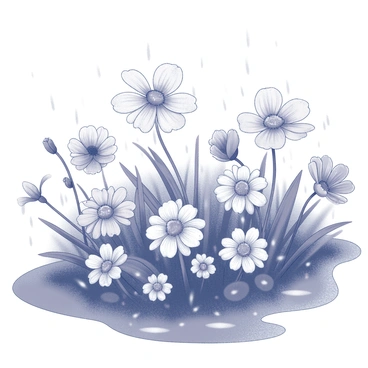 A garden filled with various flowers in full bloom. The petals are adorned with glistening raindrops, reflecting the soft light in the atmosphere. The ground is damp, with puddles forming amongst the flower beds. Light rain is falling gently, creating an idyllic ambiance. The flowers appear vibrant and fresh, their colors accentuated by the moisture on their surfaces. A few leaves are bending slightly as they catch the delicate rainwater.