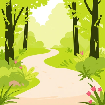 A pathway winding through a lush green forest with vibrant green foliage on either side. Sunlight filters through the dense canopy of tall trees, casting dappled light and shadows on the ground. The pathway is made of soft earth with small stones scattered along it. Various plants and ferns are visible, adding to the richness of the scene. A few colorful flowers are blooming near the edges of the path, providing contrast to the greenery.