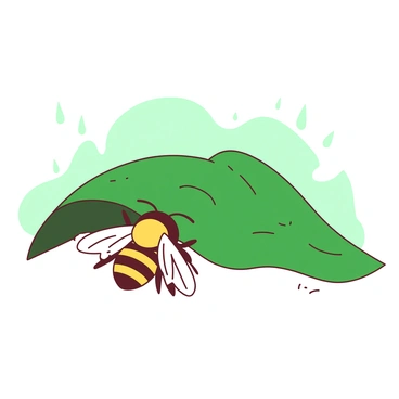 A small yellow bee is nestled under a broad green leaf, its wings slightly damp from the gentle rain shower. The background shows soft droplets of water cascading down, creating a misty atmosphere around the bee. The bee's body contrasts against the vibrant green of the leaf, and the leaf provides a protective canopy, creating a cozy refuge from the rain. The scene captures the delicate interaction between the bee and its natural environment.