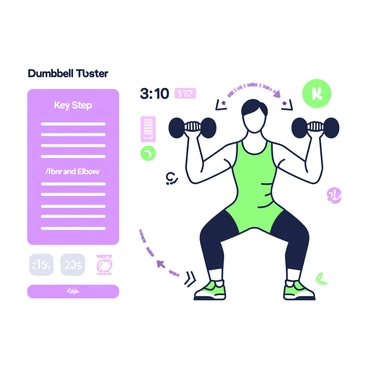 A digital interface displays an animated guide for performing dumbbell thruster exercises. In the center, a figure demonstrates the exercise, holding dumbbells at shoulder height. The figure is in a dynamic pose, transitioning from a squat position to an overhead press. To the left, an instructional panel lists key steps, with bullet points for each phase of the movement. There are arrows indicating proper form, highlighting the alignment of the knees and elbows. In the background, there are additional visuals of a timer and a rep counter, providing an interactive feel to the guide.