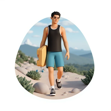 A young man, wearing a black tank top, blue hiking shorts, and sturdy hiking shoes, is walking along a rocky trail. He is carrying a longboard under his left arm while looking ahead with a focused expression. The background features a scenic overlook with distant mountains and a clear blue sky. The sun casts a warm light on the scene, highlighting the man's muscular build and the details of the longboard. Small bushes and rocks line the sides of the trail, adding texture to the landscape.