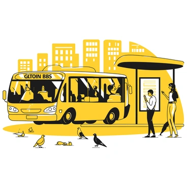 A shiny yellow bus arriving at a busy city bus stop. The bus has large windows and a clear destination sign displayed in front. Around the bus, a diverse group of people are waiting, including a woman with a backpack, a man reading a newspaper, and a child holding a toy. A couple of pigeons are pecking at crumbs on the ground nearby. The bus stop has a covered shelter and a timetable displayed. The scene captures the energy of the city with tall buildings in the background.