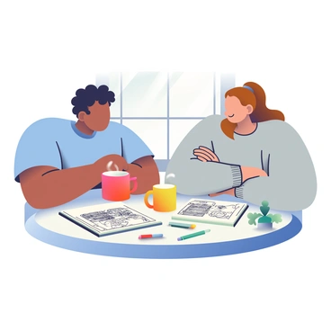 Two artists are sitting at a round coffee table in a cozy setting. One artist has short curly black hair and is wearing a light blue t-shirt. The other artist has long straight brown hair pulled back into a ponytail and is wearing a grey sweater. They are both leaning forward, engaged in animated discussion, surrounded by several sketchbooks filled with black and white drawings. On the table, there are two steaming mugs of coffee, one red and one yellow. A few colored pencils are scattered around the table, along with a small potted plant adding a touch of greenery to the scene. Natural light is streaming in from a nearby window, illuminating the sketches.