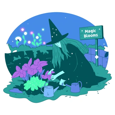 A teal witch with long flowing hair is kneeling in a garden filled with magical, glowing plants. The plants emit a soft light in various shapes, creating a luminous atmosphere. The witch is wearing a dark robe adorned with silver stars and is carefully tending to a vibrant purple flower that radiates a warm glow. Nearby, a small watering can rests on the rich soil, and a wooden garden sign engraved with "Magic Blooms" leans beside a bush of sparkling greenery. The sky above is a deep blue, and the garden is surrounded by a low stone wall covered in moss.