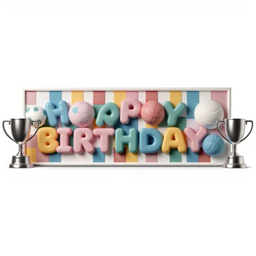 A large birthday banner, prominently featuring the words "Happy Birthday" in bold, colorful letters. The banner is decorated with various sports balls, including a basketball, soccer ball, football, and baseball, arranged playfully around the text. Metallic trophies are placed on either side of the banner, glinting in the light, symbolizing victory and celebration. The background of the banner showcases a pattern of team colors, with stripes and blocks of vibrant reds, blues, greens, and yellows, creating an energetic and festive atmosphere.