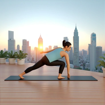 A person, wearing a light blue tank top and black leggings, is practicing pilates on a large, wooden balcony. They are positioned on a black yoga mat, balancing gracefully in a side plank pose. The background reveals a panoramic view of a vibrant cityscape, with tall skyscrapers glistening against the blue sky. The sun is setting, casting a warm golden hue over the buildings. Potted plants line the edges of the balcony, adding a touch of greenery to the scene. The person appears focused and serene as they engage in their workout.