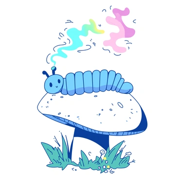 A blue caterpillar is lounging on top of a large white mushroom. The caterpillar is exhaling colorful smoke rings that float lazily into the air. The mushroom has a textured white cap with speckles, and the caterpillar’s body features soft, rounded segments. Surrounding the mushroom, there are small green grass blades and tiny white flowers. The smoke rings are swirling and creating a whimsical atmosphere around the caterpillar.
