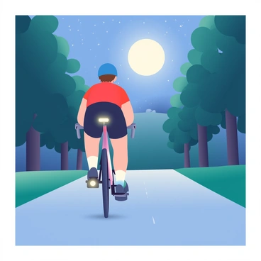 A lone cyclist with short brown hair is riding on a quiet, moonlit road. The cyclist is wearing a blue helmet and a red cycling jersey, with black padded shorts. The bike has glowing lights on the front and back, illuminating the path ahead. The road is lined with tall trees, their leaves rustling softly in the night breeze. The bright full moon casts a silvery glow over the scene, creating deep shadows along the edges of the roadway. In the distance, a silhouette of a small hill is visible under the night sky filled with twinkling stars.