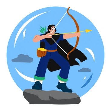 An archer in the midst of a storm, bracing against the wind as they aim
