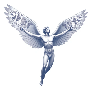 A figure of Icarus stands dramatically with large wings extended. The wings are adorned with intricate patterns inspired by various world cultures, showcasing motifs reminiscent of traditional art forms. Icarus appears to be in a dynamic pose, suggesting flight, with his arms outstretched and body slightly tilted upward. The patterns on the wings feature geometric shapes and floral designs, reflecting a blend of artistic influences. The background features a sense of motion, enhancing the feeling of ascent and freedom in the scene.