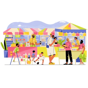 A bustling marketplace filled with colorful stalls and various vendors. Brightly colored fruits and vegetables are displayed on tables, with a vendor wearing a straw hat tending to his goods. Shoppers carry bags and baskets while talking animatedly. A woman in a flowing dress examines a selection of vibrant spices in jars on a nearby table. In the background, a small group of children is playing, running around the stalls. The atmosphere is lively and energetic, with a clear blue sky overhead.