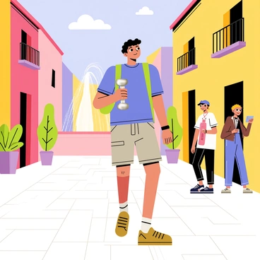 A traveler with a backpack slung over one shoulder is walking down a cobblestone street in a foreign city. The traveler is wearing a bright blue t-shirt and cargo shorts. In one hand, they are holding a shiny silver dumbbell. Colorful buildings with balconies and potted plants line the street. A fountain is visible in the background, and a few tourists are taking pictures nearby. The sky is clear with a few fluffy clouds.
