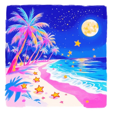 A tropical beach scene features soft white sand and a gentle surf lapping at the shore. In the foreground, several star spren, glowing softly, flit playfully among the tall palm trees, their ethereal forms shimmering in the moonlight. The palm trees sway slightly in the warm breeze, their fronds casting intricate shadows on the sand. Above, the night sky is filled with countless stars, twinkling brightly against the deep blue background. The serene atmosphere is enhanced by the peaceful sound of waves breaking on the beach.