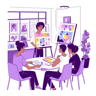An artist with curly hair is standing confidently in front of a large easel holding their portfolio open. The portfolio is filled with various vibrant illustrations showcasing a range of styles and subjects. The setting is a modern office with sleek furniture and bright lighting. Seated at a table are three agency representatives, who are intently observing the portfolio. One representative is taking notes, while another is leaning slightly forward with a look of interest. The walls are adorned with framed artworks, further emphasizing the creative atmosphere of the agency.