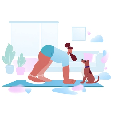 A person is positioned in a knee plank on a soft exercise mat in a well-lit room at home. The person is wearing comfortable workout clothes and has their arms extended forward, supporting their weight. Nearby, a curious dog with fluffy fur is sitting attentively on the floor, looking up at the person. Various home elements, such as a potted plant and a few colorful cushions, are scattered around the room, enhancing the cozy atmosphere.