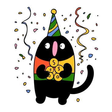 A niffler with shiny black fur and a long snout is wearing a colorful festive outfit complete with a tiny party hat. The niffler is surrounded by vibrant streamers and sparkling confetti falling around it. Its big eyes are wide with excitement as it holds a handful of shimmering gold coins, showcasing its playful and mischievous nature. The scene is lively, filled with a sense of celebration and joy.