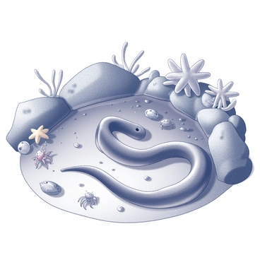 An eel is coiled comfortably within a tide pool. The eel's elongated body is partially submerged, with its head peeking above the water's surface. Surrounding the eel, various small sea creatures are present, including a cluster of vibrant starfish clinging to the rocky edges of the pool. Tiny shrimp and crabs scuttle across the sandy bottom, while delicate sea anemones sway gently with the movement of the water. The pool is framed by textured rocks and scattered seaweed, creating a rich environment teeming with marine life.