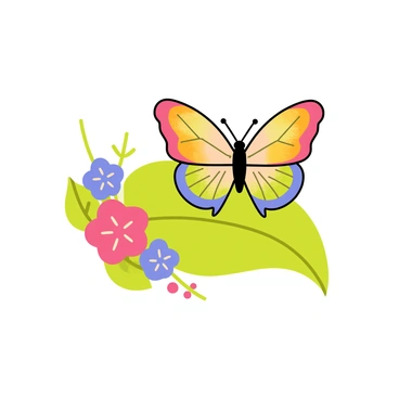 A butterfly with iridescent wings is perched on a vibrant green leaf. The wings reflect a spectrum of colors, showcasing shades of red, orange, yellow, green, blue, indigo, and violet in a shimmering pattern. The butterfly's body is slender and detailed, with delicate antennae extending gracefully. Surrounding the butterfly are soft, colorful flowers, adding to the lively scene.
