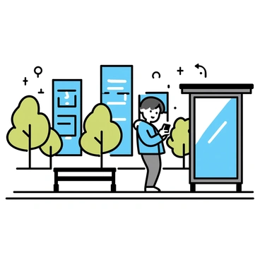A boy with short black hair, wearing a blue jacket and gray pants, is standing at a bus stop. He is looking down at his phone, appearing calm and composed. The bus stop has a simple design with a transparent roof and a bench. In the background, there is a cityscape featuring tall buildings, some with glass facades, and a clear blue sky. A few trees line the sidewalk, adding greenery to the urban scene.