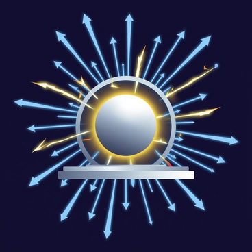 A Van de Graaff generator is prominently displayed in the center of the image. The generator is silver and black, with a large metallic sphere on top, which is elegantly reflecting light. Surrounding the generator are numerous electric field lines depicted as bright blue arrows radiating outward from the sphere, showing the direction of the electric field. Arcing sparks can be seen emanating from the sphere, portrayed as glowing yellow and orange streaks that branch out into the air. The background is dark to emphasize the brightness of the electric field lines and the sparks. The scene conveys a dynamic sense of energy and electricity in motion.