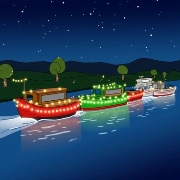 A row of colorful boats is sailing along a calm river under a clear night sky. Each boat is elegantly adorned with sparkling Christmas lights in various shapes, illuminating the scene with warm hues of red, green, and white. The boats are of different sizes, including a small cozy fishing boat and a larger festive yacht. The water reflects the shimmering lights, creating a magical atmosphere. There are a few trees along the riverbank, also decorated with twinkling lights, enhancing the festive spirit of the scene. In the background, the silhouettes of distant hills can be seen against the starry sky.