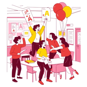 A group of excited students gathers in a classroom, each holding their exam papers with big smiles on their faces. One student jumps up with both arms raised, showing a paper with a large "A" grade prominently displayed. Another student is clapping while another is hugging their friend tightly, their papers tucked under one arm. Colorful balloons in various shades of red and yellow float near the ceiling, adding to the celebratory atmosphere. The walls are adorned with cheerful posters and decorations, enhancing the joyful scene.