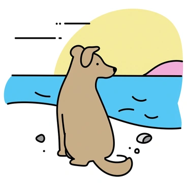 A dog with soft brown fur is sitting on the sand near the shore, gazing towards the horizon. The ocean waves are gently lapping at the beach. The sky is filled with vibrant orange and yellow hues as the sun sets, creating a warm glow over the scene. The dog's ears are perked up, and its tail is relaxed, suggesting a calm demeanor. A few scattered seashells can be seen on the sand surrounding the dog.