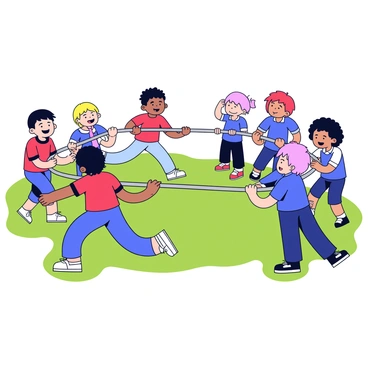 Two teams of children are engaged in a tug-of-war game on a grassy field. Each team consists of four children, with one team wearing red shirts and the other team in blue shirts. The members are straining as they pull on a thick rope that stretches tightly between them. The children have determined expressions, and their feet are planted firmly on the ground, with some leaning back to gain leverage. A few onlookers cheer them on, creating an energetic atmosphere. Bright sunlight shines down, casting shadows on the ground.