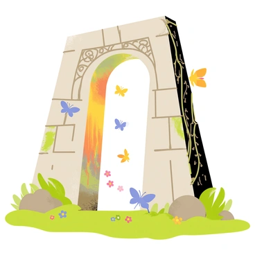 An ancient stone archway with intricate carvings, standing tall amidst lush green foliage. The archway has a shimmering, translucent portal in its center, radiating vibrant colors and light. Streams of energy appear to swirl within the portal, suggesting glimpses of different historical eras. Small animals and butterflies hover around the archway, drawn to its mystical presence. The ground is covered with soft moss and scattered flowers, adding a touch of nature's beauty to the scene.