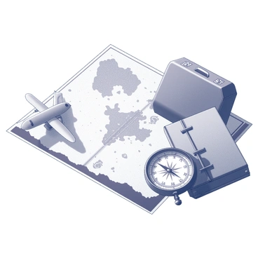 An invitation featuring a detailed map spread out on a flat surface. The map includes various symbols such as mountains, rivers, and landmarks, all intricately drawn. Next to the map is a classic compass, adorned with a decorative needle pointing towards the north. The design of the invitation incorporates travel-themed elements, such as an airplane and a vintage suitcase, both artistically placed around the map and compass. The overall composition has a sense of exploration and adventure, inviting the viewer to embark on a journey.